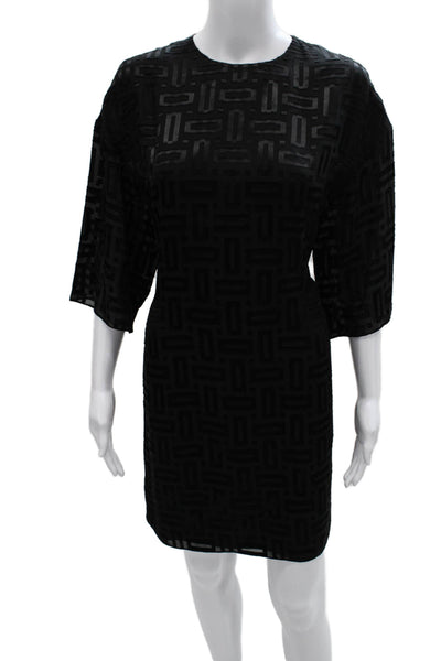Hermes Women Shift Dress Black Silk Geometric Neck 3/4 Sleeve Short Size 38
