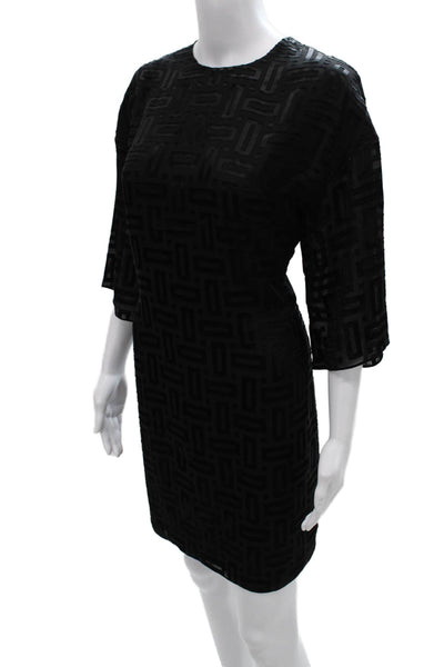 Hermes Women Shift Dress Black Silk Geometric Neck 3/4 Sleeve Short Size 38