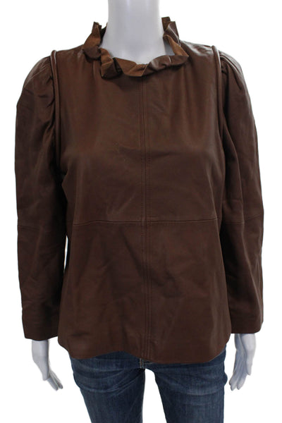 Sea New York Womens Leather High Neck Long Sleeve Blouse Brown Size 6