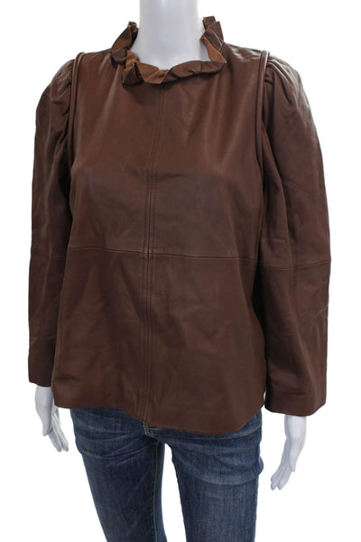 Sea New York Womens Leather High Neck Long Sleeve Blouse Brown Size 6