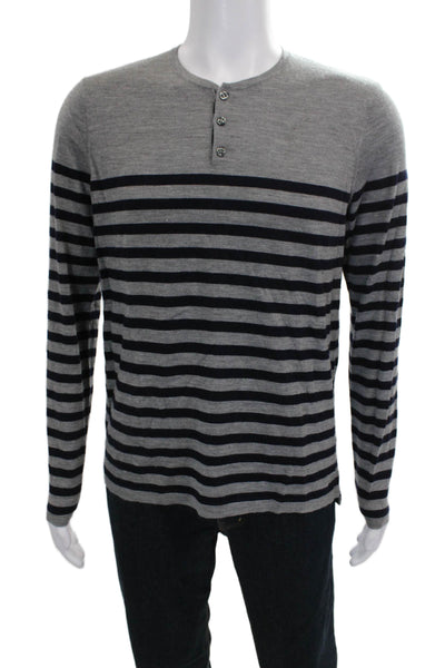Vince Mens Henley Wool Sweater Gray Striped Long Sleeve Size M