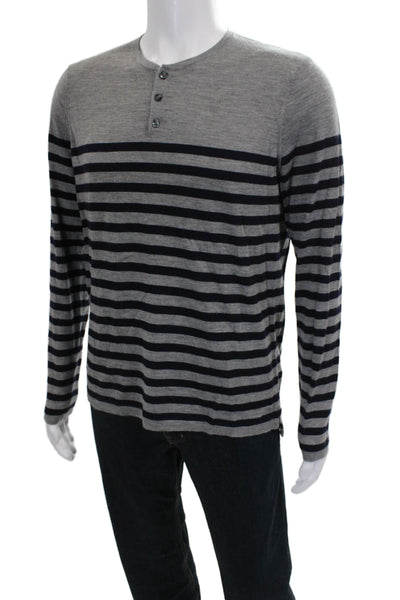 Vince Mens Henley Wool Sweater Gray Striped Long Sleeve Size M