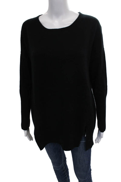 Qi Cashmere Women Pullover Sweater Black Round Neck Long Sleeve Size M