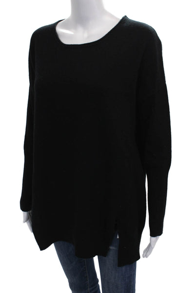 Qi Cashmere Women Pullover Sweater Black Round Neck Long Sleeve Size M