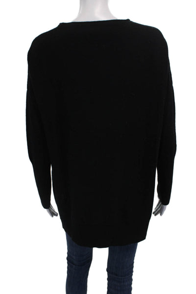 Qi Cashmere Women Pullover Sweater Black Round Neck Long Sleeve Size M