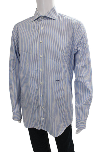 Michael Andrews Mens Blue Striped Cotton Dress Shirt Long Sleeve Size 42
