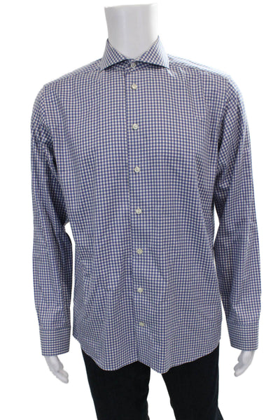 Eton Mens Dress Shirt Blue Cotton Long Sleeve Check Size 16