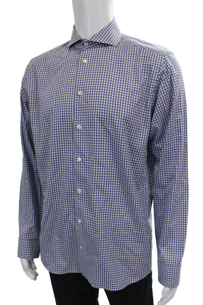 Eton Mens Dress Shirt Blue Cotton Long Sleeve Check Size 16