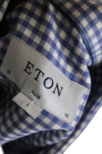 Eton Mens Dress Shirt Blue Cotton Long Sleeve Check Size 16