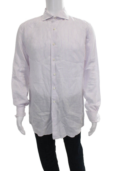 Michael Andrews Mens Striped White Linen Blend Button-Up Dress Shirt Size 42