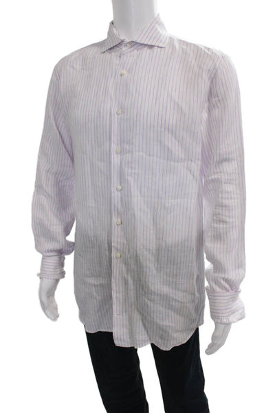 Michael Andrews Mens Striped White Linen Blend Button-Up Dress Shirt Size 42