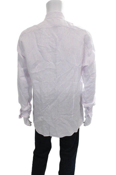 Michael Andrews Mens Striped White Linen Blend Button-Up Dress Shirt Size 42