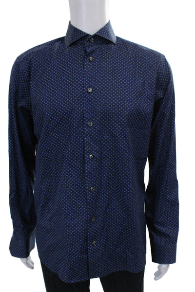 Eton Mens Blue Floral Cotton Dress Shirt Button-Up Long Sleeve Size L