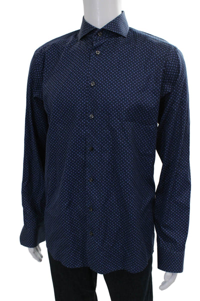 Eton Mens Blue Floral Cotton Dress Shirt Button-Up Long Sleeve Size L