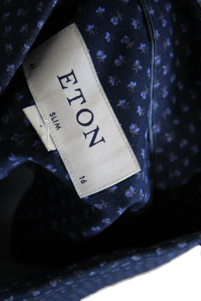 Eton Mens Blue Floral Cotton Dress Shirt Button-Up Long Sleeve Size L