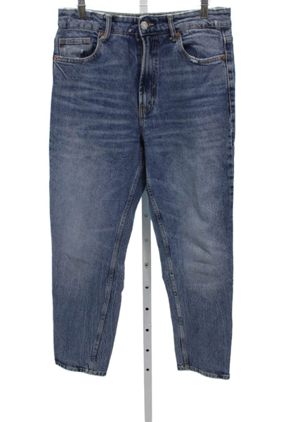 Zara Womens Mom Jeans Blue Mid Rise Button Cotton Blend Size 6