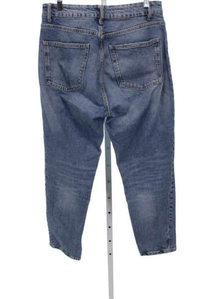 Zara Womens Mom Jeans Blue Mid Rise Button Cotton Blend Size 6