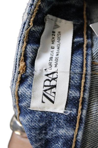 Zara Womens Mom Jeans Blue Mid Rise Button Cotton Blend Size 6