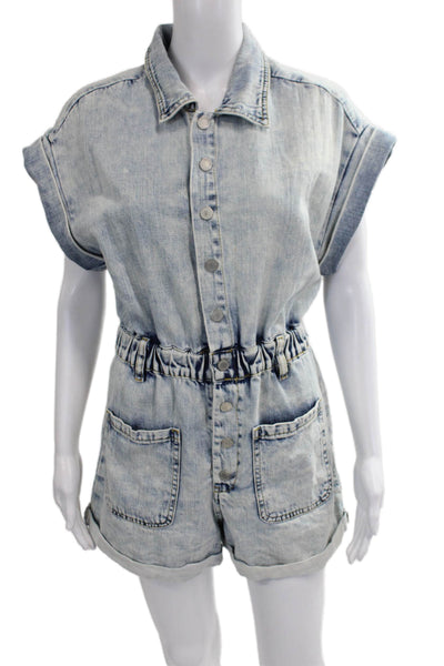 BLANKNYC Womens Blue Collared Short Sleeve Romper Cotton Button Size XS