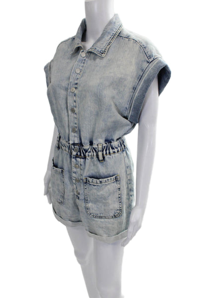 BLANKNYC Womens Blue Collared Short Sleeve Romper Cotton Button Size XS