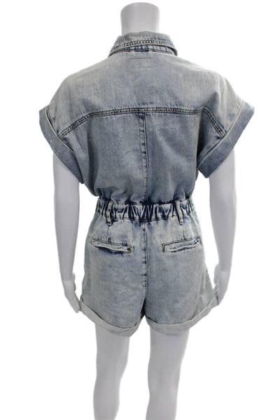 BLANKNYC Womens Blue Collared Short Sleeve Romper Cotton Button Size XS