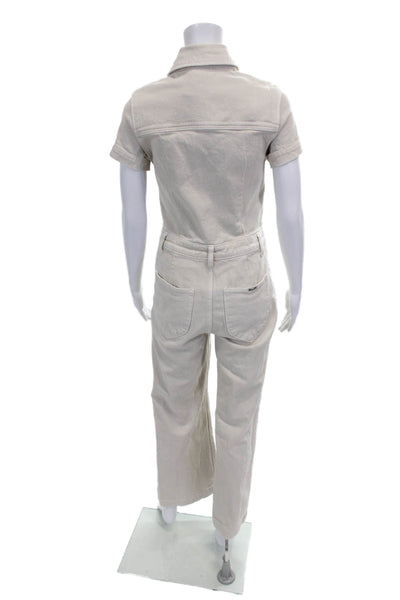 Rollas Womens Jumpsuit Beige Collared Short Sleeve Button 99% Cotton Size S