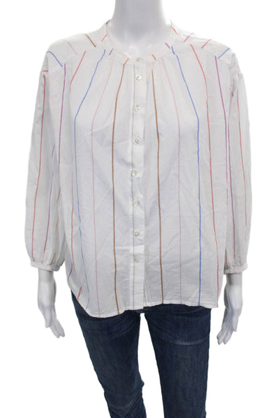 Lilla P Womens Basic Striped Cotton Blouse Round Neck 3/4 Sleeve White Size XS