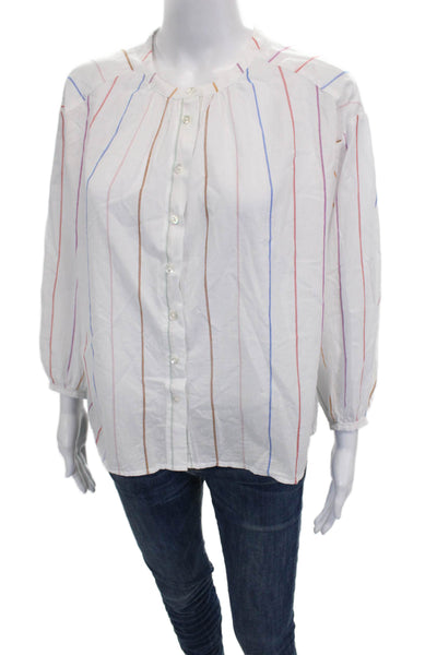 Lilla P Womens Basic Striped Cotton Blouse Round Neck 3/4 Sleeve White Size XS