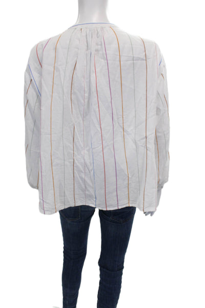 Lilla P Womens Basic Striped Cotton Blouse Round Neck 3/4 Sleeve White Size XS