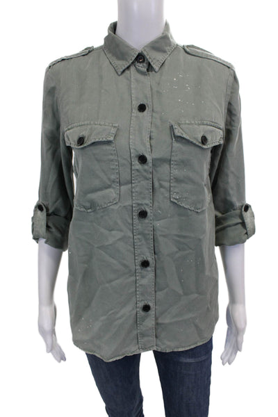 Zara Womens Lyocell Collared 3/4 Sleeve Basic Button-Up Top Green Size S
