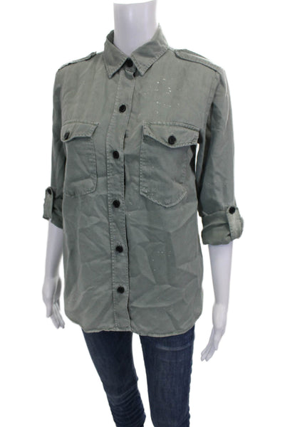 Zara Womens Lyocell Collared 3/4 Sleeve Basic Button-Up Top Green Size S