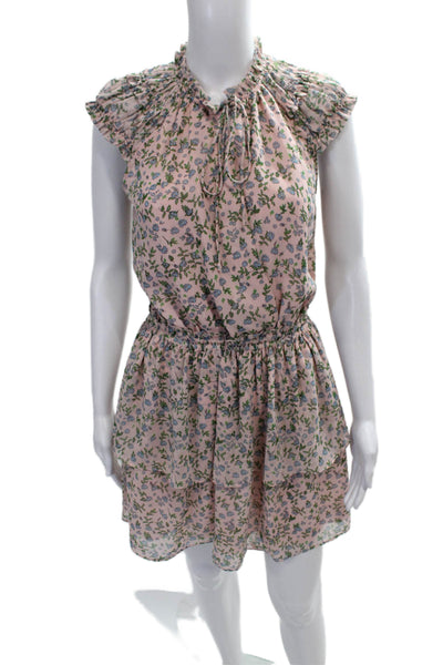 Decker Women Blouson Pink High Neck Short Sleeve Floral Dress Size XS