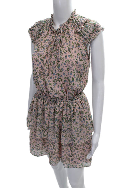 Decker Women Blouson Pink High Neck Short Sleeve Floral Dress Size XS