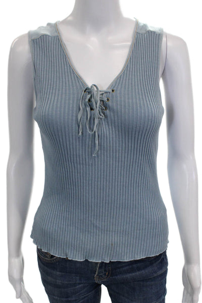 Velvet Womens Blue V-Neck Sleeveless Basic Tank Cotton Lace-Up Size S