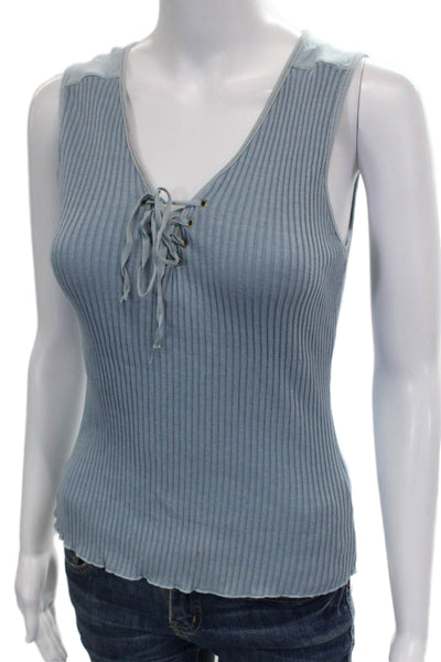 Velvet Womens Blue V-Neck Sleeveless Basic Tank Cotton Lace-Up Size S