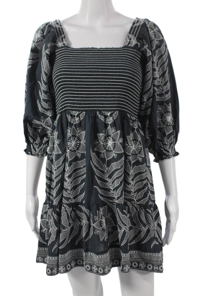 Omika Women Trapeze Swing Dress Blue Floral Square Neck 3/4 Sleeve Size XS