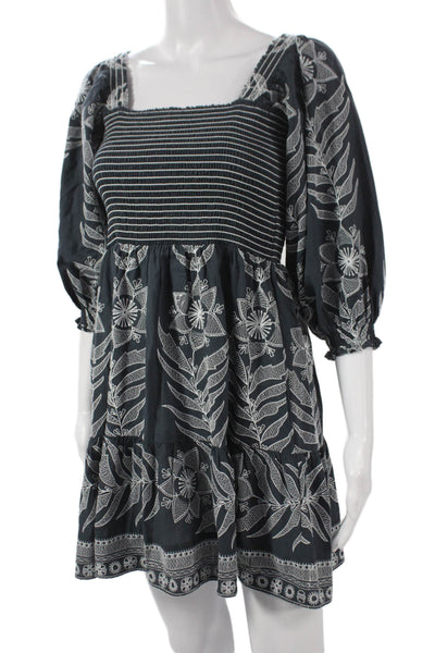Omika Women Trapeze Swing Dress Blue Floral Square Neck 3/4 Sleeve Size XS
