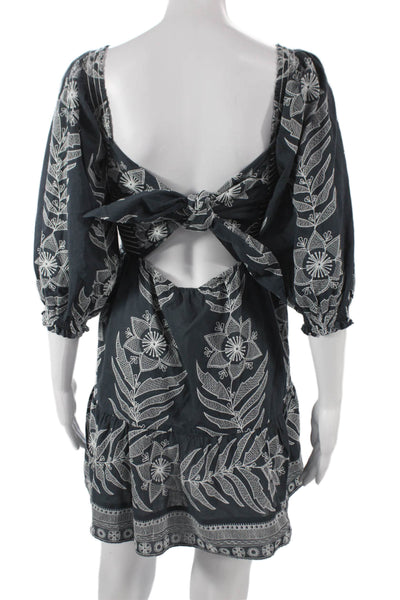 Omika Women Trapeze Swing Dress Blue Floral Square Neck 3/4 Sleeve Size XS