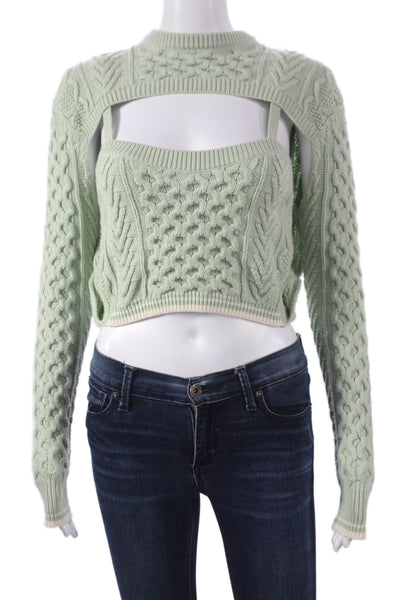 Rosie Assoulin Women Shrug Sweater Green Merino Cable Knit High Neck Size XS