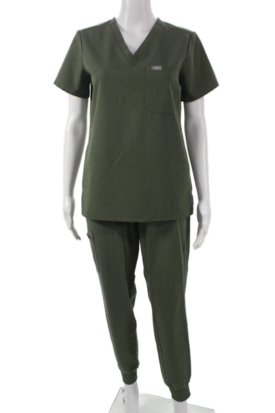 Figs Womens Tops Two Piece Set V-Neck Short Sleeve Green Polyester Size XS