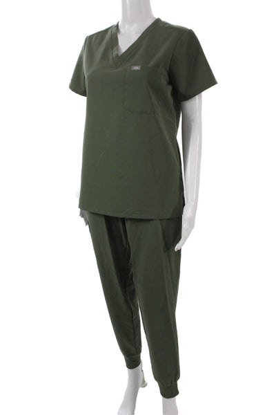 Figs Womens Tops Two Piece Set V-Neck Short Sleeve Green Polyester Size XS