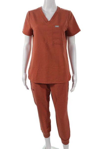 Figs Womens Two Piece Scrub Set V-Neck Short Sleeve Orange Polyester Size XS
