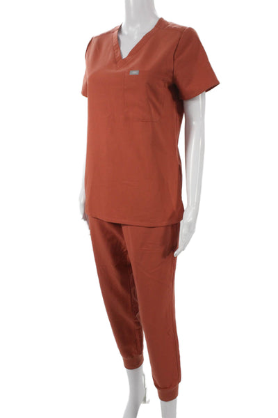 Figs Womens Two Piece Scrub Set V-Neck Short Sleeve Orange Polyester Size XS