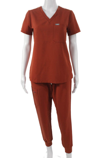 Figs Womens Two Piece Scrub Set V Neck Short Sleeve Orange Polyester Size XS