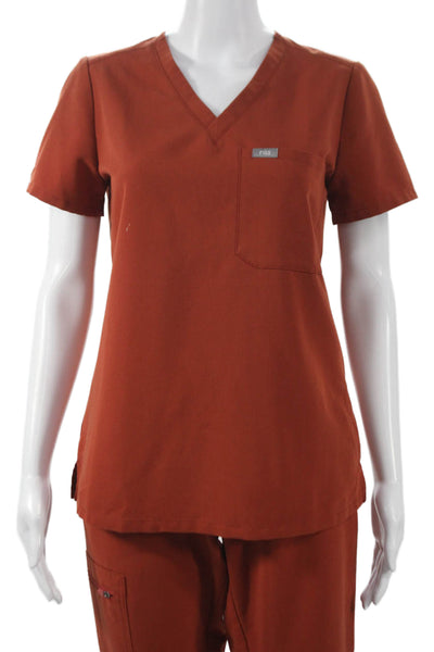 Figs Womens Two Piece Scrub Set V Neck Short Sleeve Orange Polyester Size XS