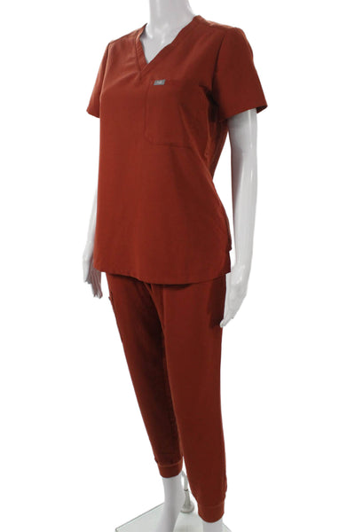 Figs Womens Two Piece Scrub Set V Neck Short Sleeve Orange Polyester Size XS