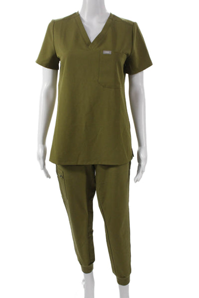 Figs Womens Two Piece Scrub Set Green V Neck Short Sleeve Polyester Size XS