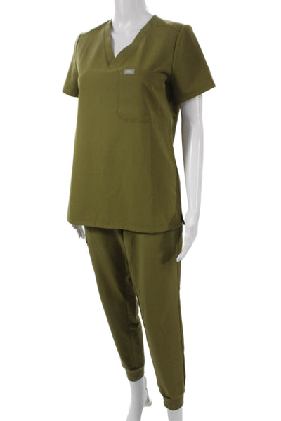 Figs Womens Two Piece Scrub Set Green V Neck Short Sleeve Polyester Size XS