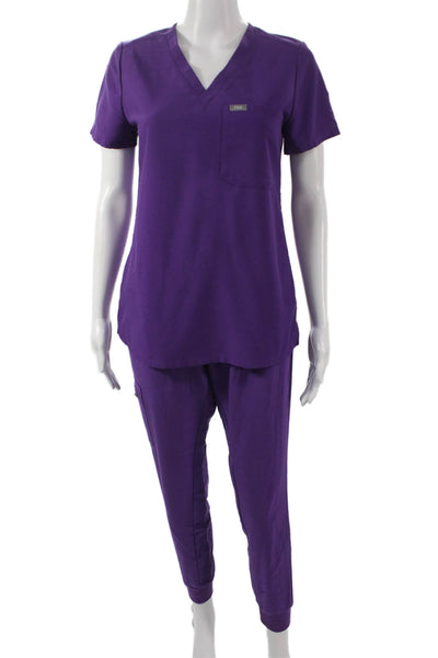 Figs Womens Two Piece Scrub Set Purple V-Neck Short Sleeve Polyester Size XS