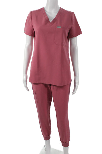 Figs Womens Pink Polyester V-Neck Solid Short Sleeve Two Piece Set Size XS